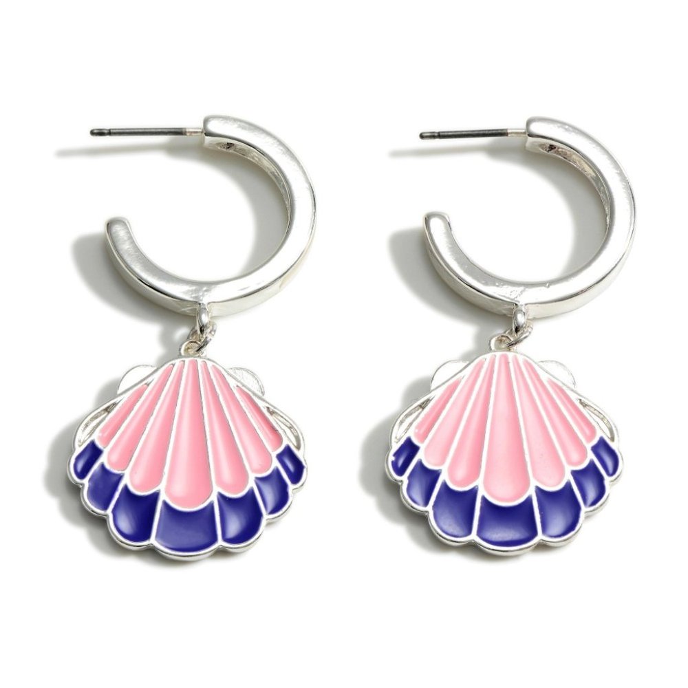 Silver Hoop Earring With Enameled Seashell Charm Pink and Blue